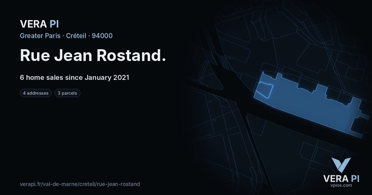 Rue Jean Rostand, Créteil at night – every parcel coloured by the prices around it, the street's own parcels lit