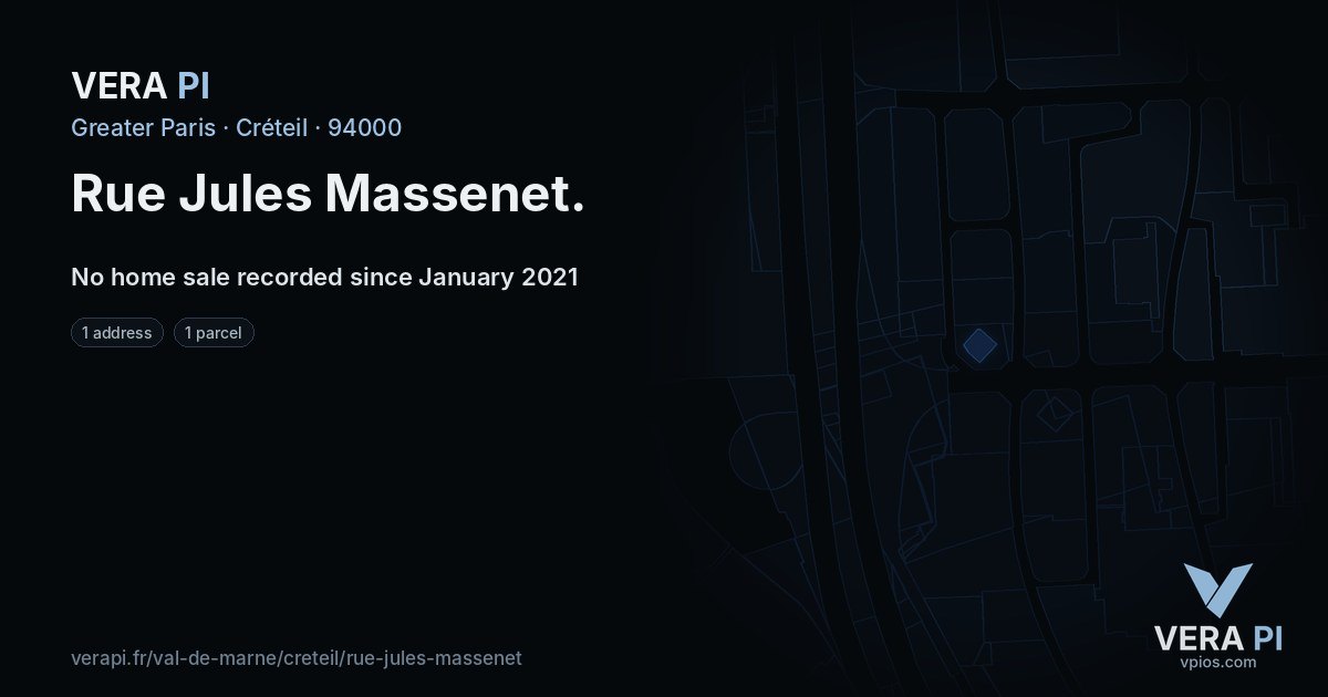 Rue Jules Massenet, Créteil at night – every parcel coloured by the prices around it, the street's own parcels lit