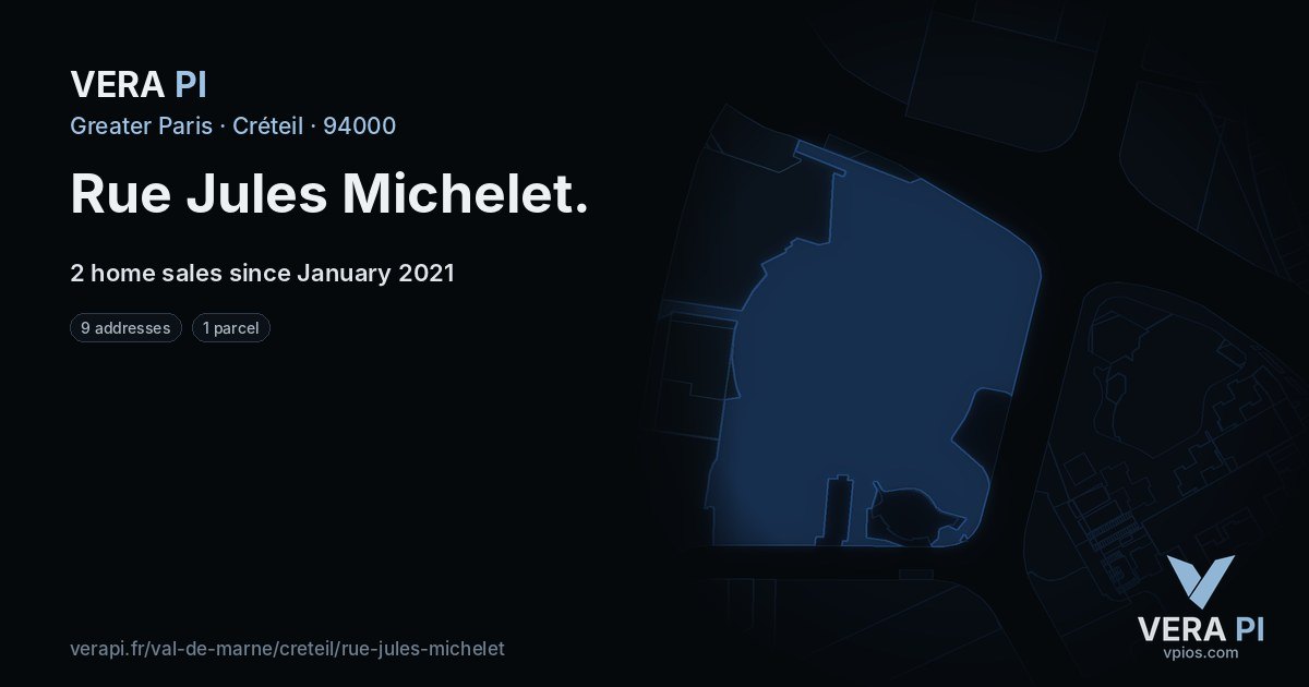 Rue Jules Michelet, Créteil at night – every parcel coloured by the prices around it, the street's own parcels lit