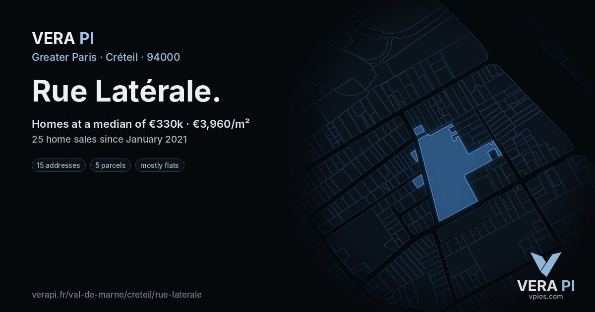 Rue Latérale, Créteil at night – every parcel coloured by the prices around it, the street's own parcels lit