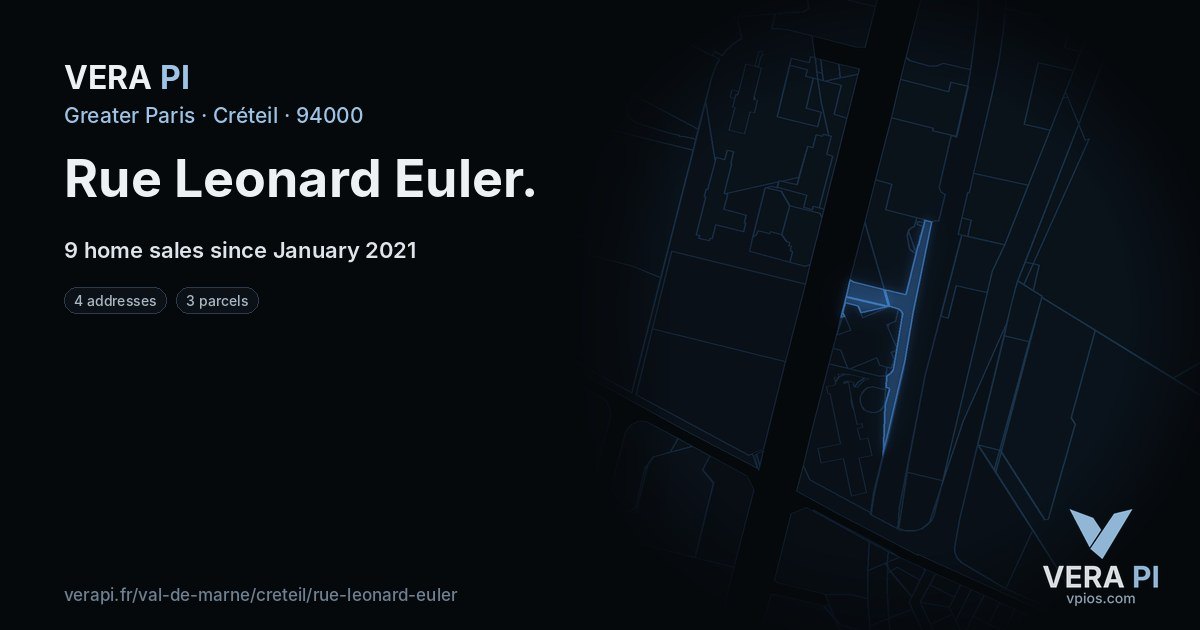 Rue Leonard Euler, Créteil at night – every parcel coloured by the prices around it, the street's own parcels lit