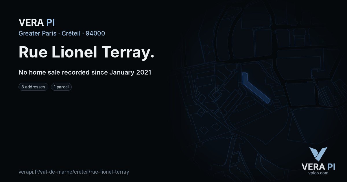 Rue Lionel Terray, Créteil at night – every parcel coloured by the prices around it, the street's own parcels lit
