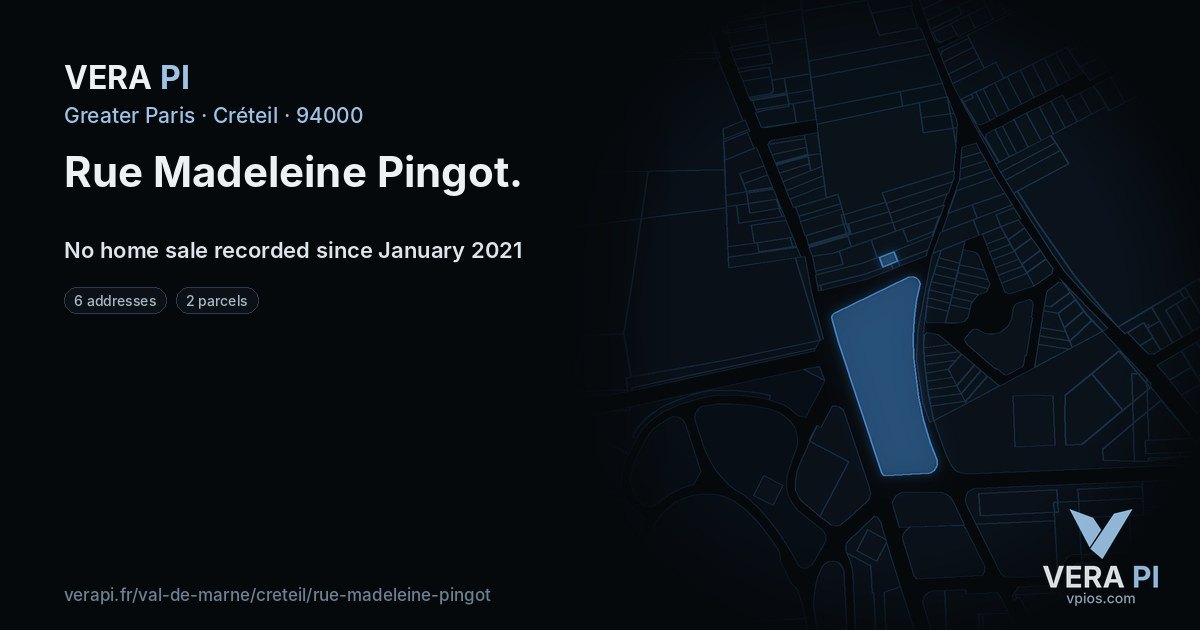 Rue Madeleine Pingot, Créteil at night – every parcel coloured by the prices around it, the street's own parcels lit