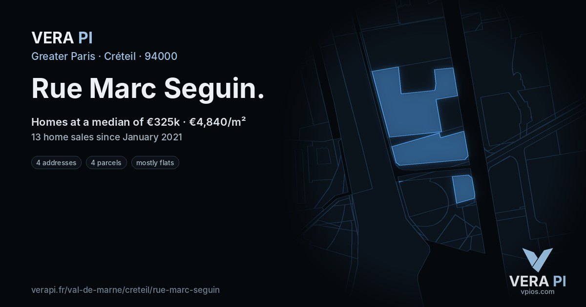 Rue Marc Seguin, Créteil at night – every parcel coloured by the prices around it, the street's own parcels lit