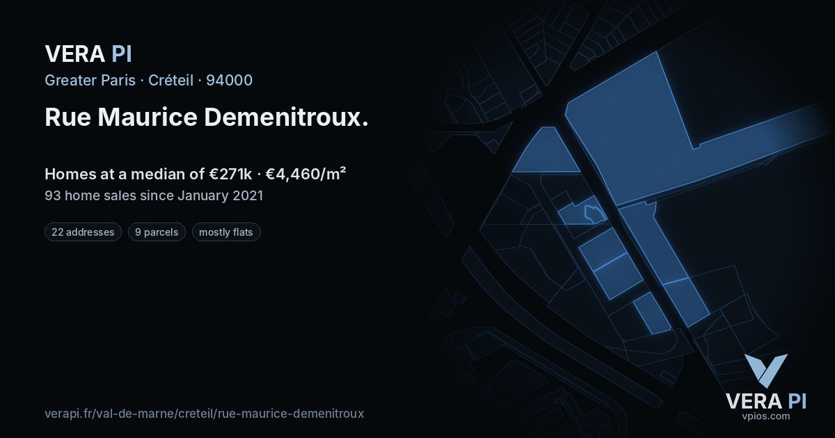 Rue Maurice Demenitroux, Créteil at night – every parcel coloured by the prices around it, the street's own parcels lit