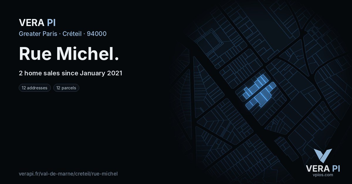 Rue Michel, Créteil at night – every parcel coloured by the prices around it, the street's own parcels lit