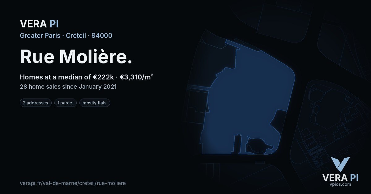 Rue Molière, Créteil at night – every parcel coloured by the prices around it, the street's own parcels lit