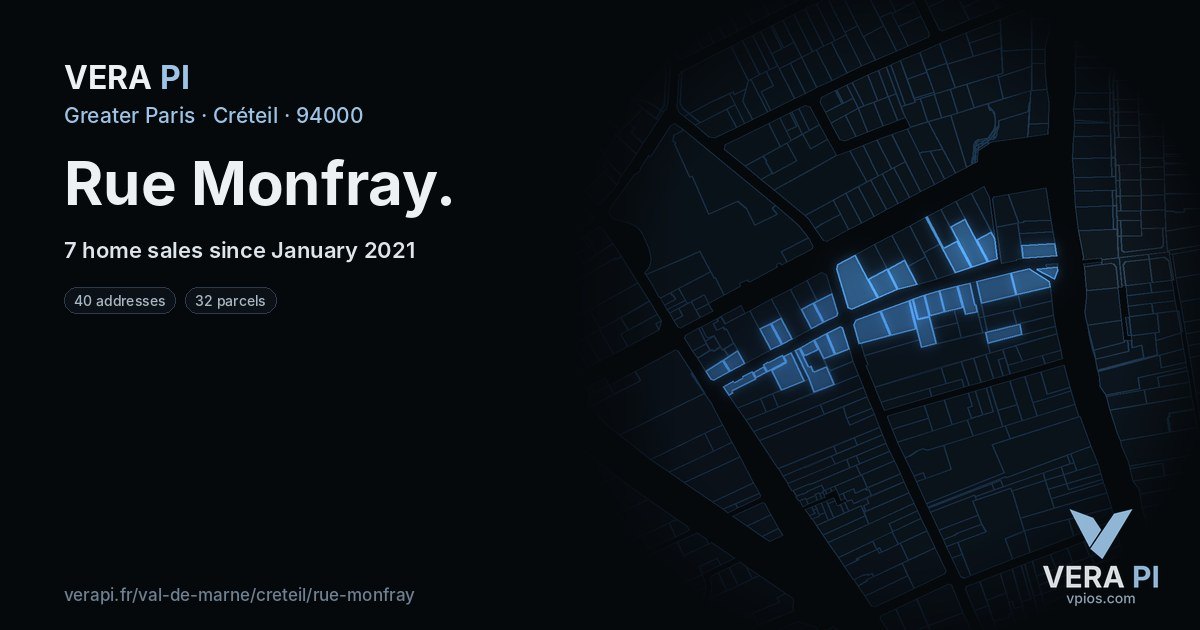 Rue Monfray, Créteil at night – every parcel coloured by the prices around it, the street's own parcels lit