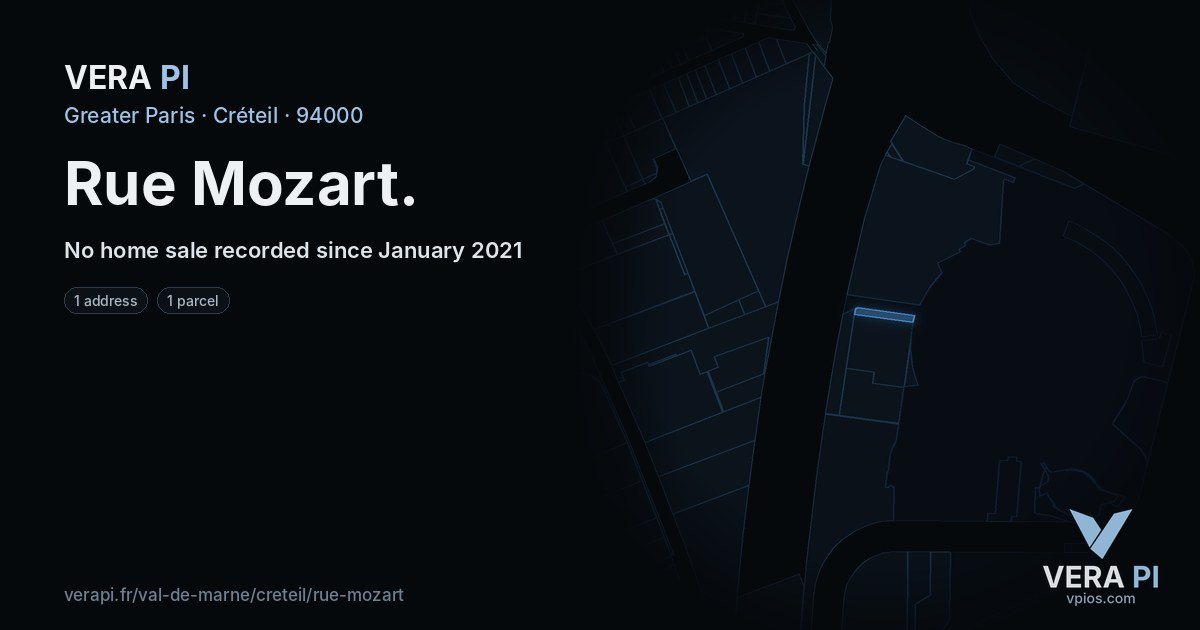 Rue Mozart, Créteil at night – every parcel coloured by the prices around it, the street's own parcels lit