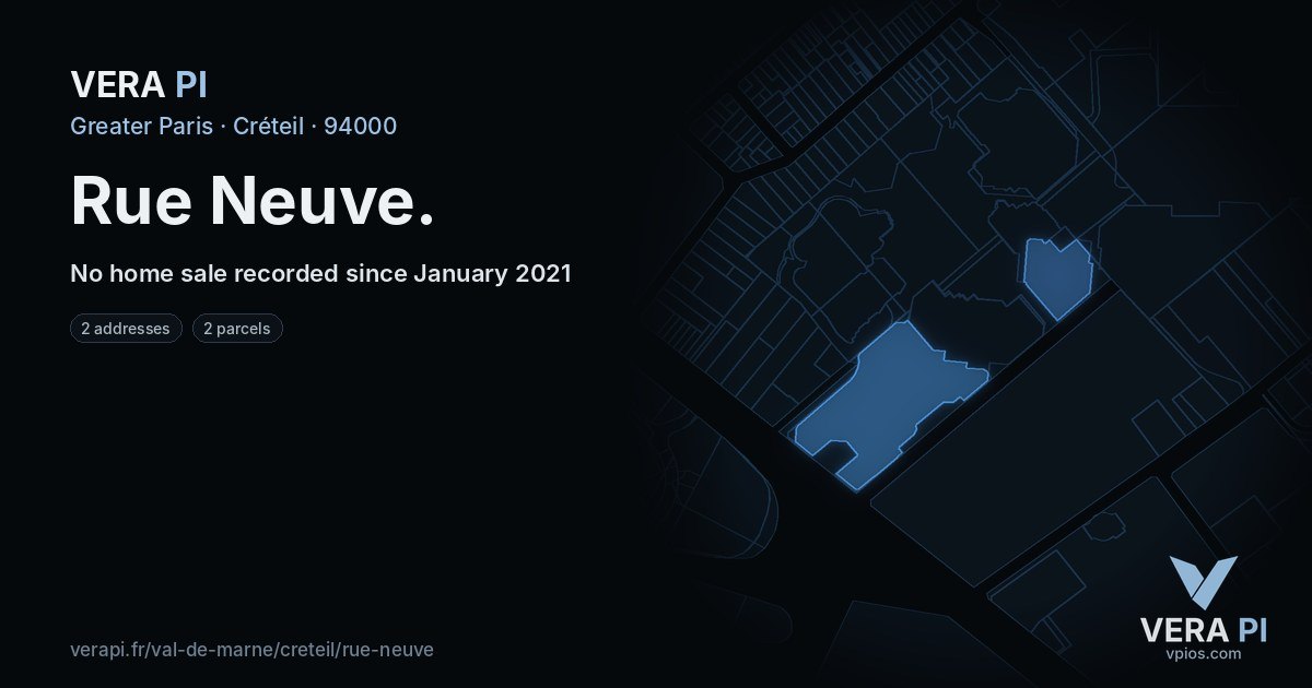 Rue Neuve, Créteil at night – every parcel coloured by the prices around it, the street's own parcels lit