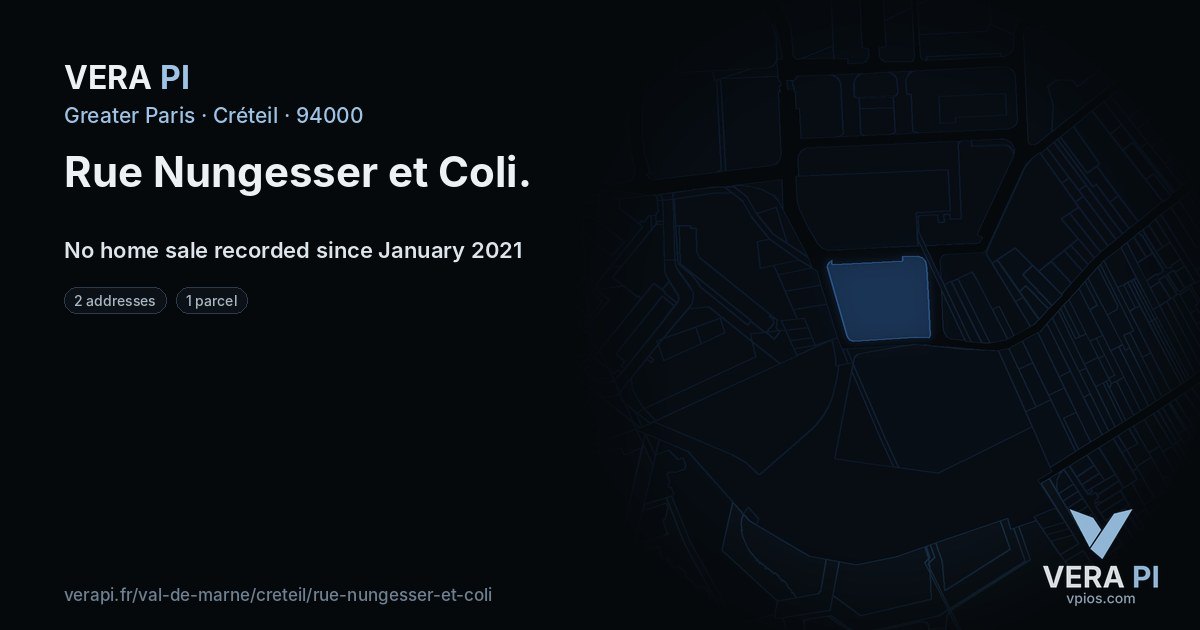 Rue Nungesser et Coli, Créteil at night – every parcel coloured by the prices around it, the street's own parcels lit