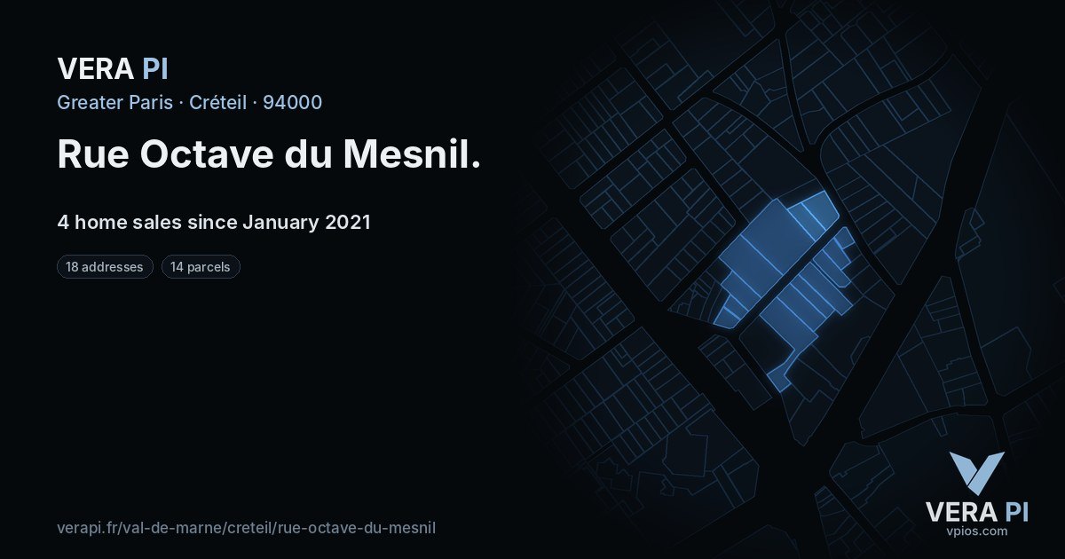 Rue Octave du Mesnil, Créteil at night – every parcel coloured by the prices around it, the street's own parcels lit
