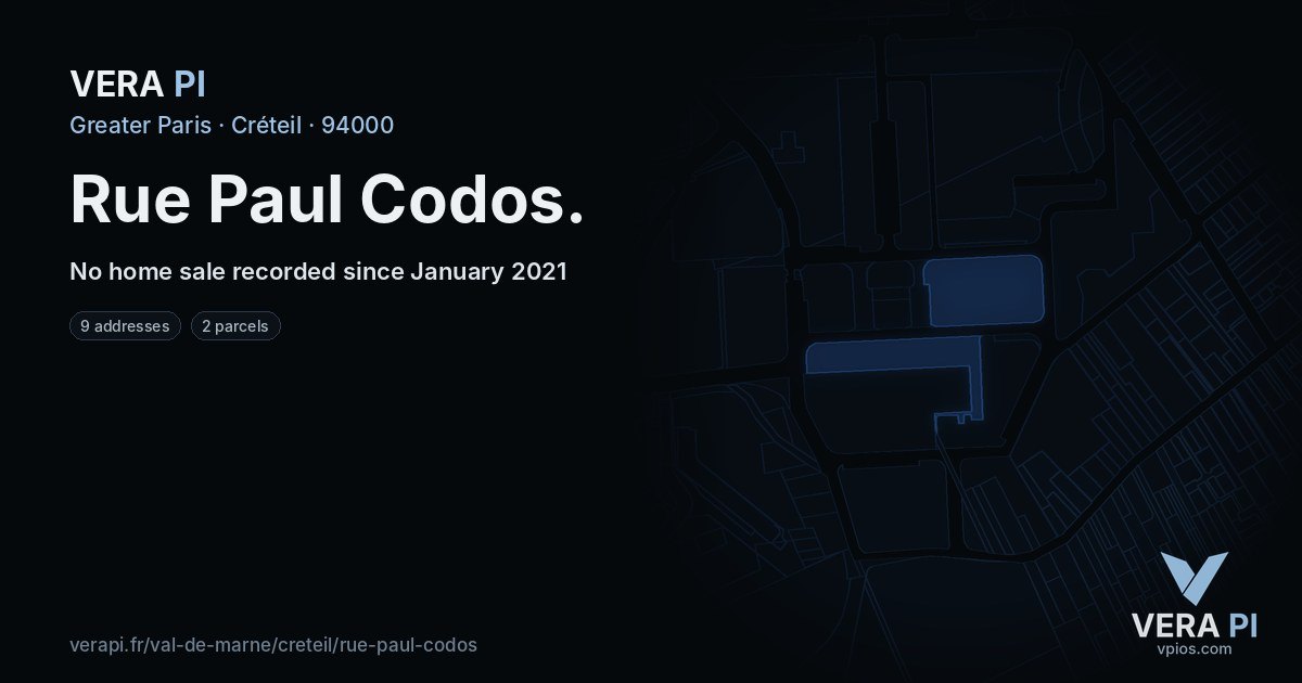 Rue Paul Codos, Créteil at night – every parcel coloured by the prices around it, the street's own parcels lit