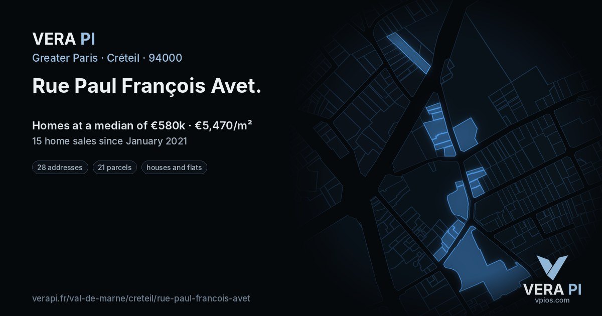 Rue Paul François Avet, Créteil at night – every parcel coloured by the prices around it, the street's own parcels lit