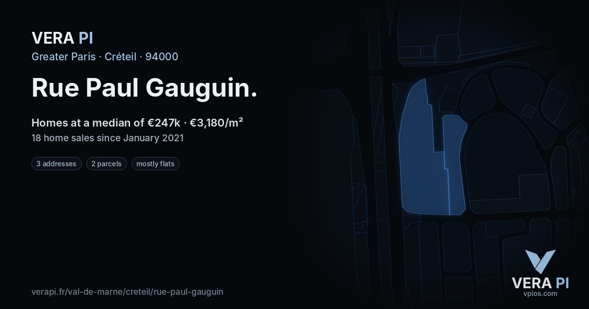 Rue Paul Gauguin, Créteil at night – every parcel coloured by the prices around it, the street's own parcels lit