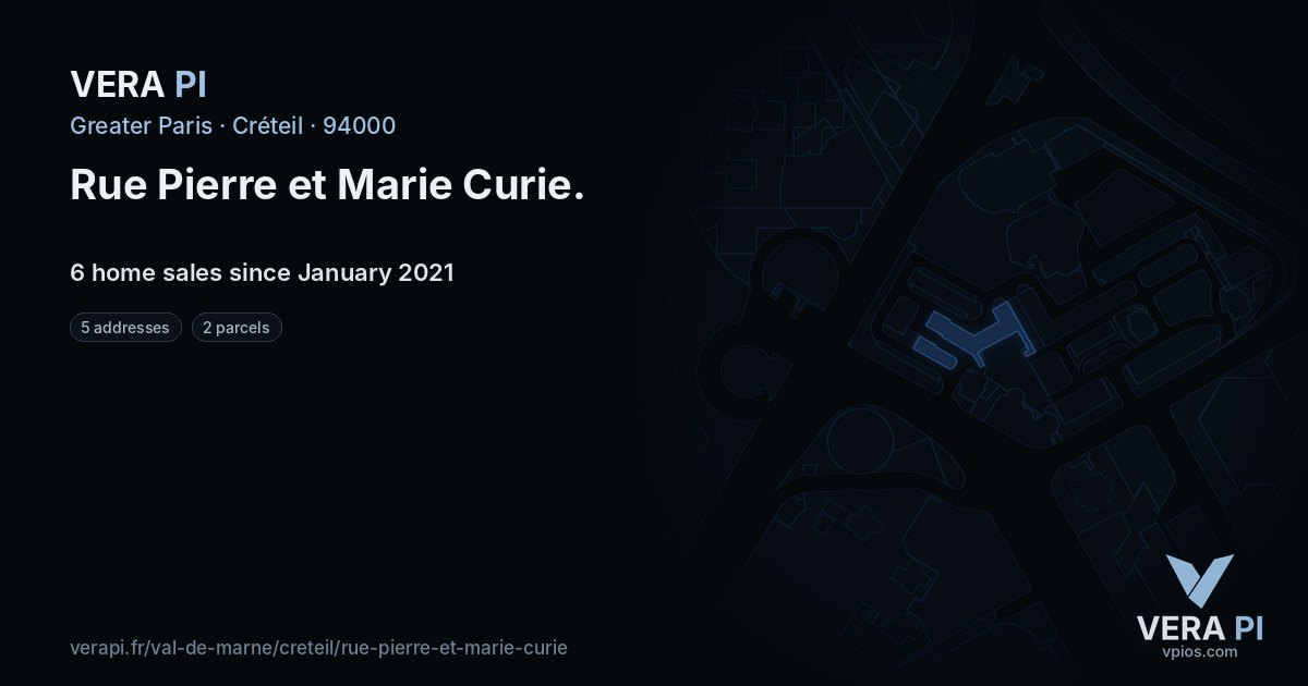 Rue Pierre et Marie Curie, Créteil at night – every parcel coloured by the prices around it, the street's own parcels lit