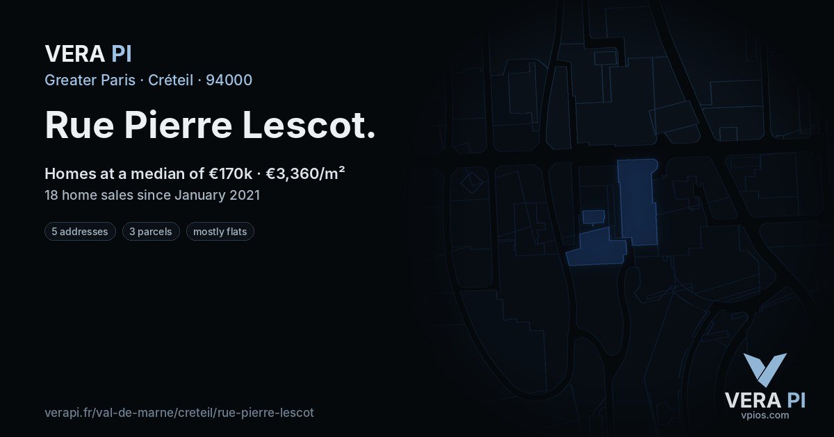 Rue Pierre Lescot, Créteil at night – every parcel coloured by the prices around it, the street's own parcels lit