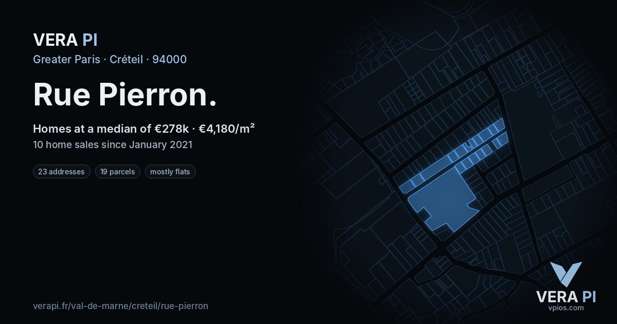 Rue Pierron, Créteil at night – every parcel coloured by the prices around it, the street's own parcels lit