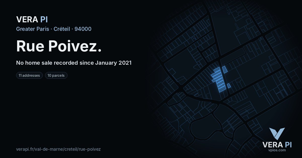 Rue Poivez, Créteil at night – every parcel coloured by the prices around it, the street's own parcels lit