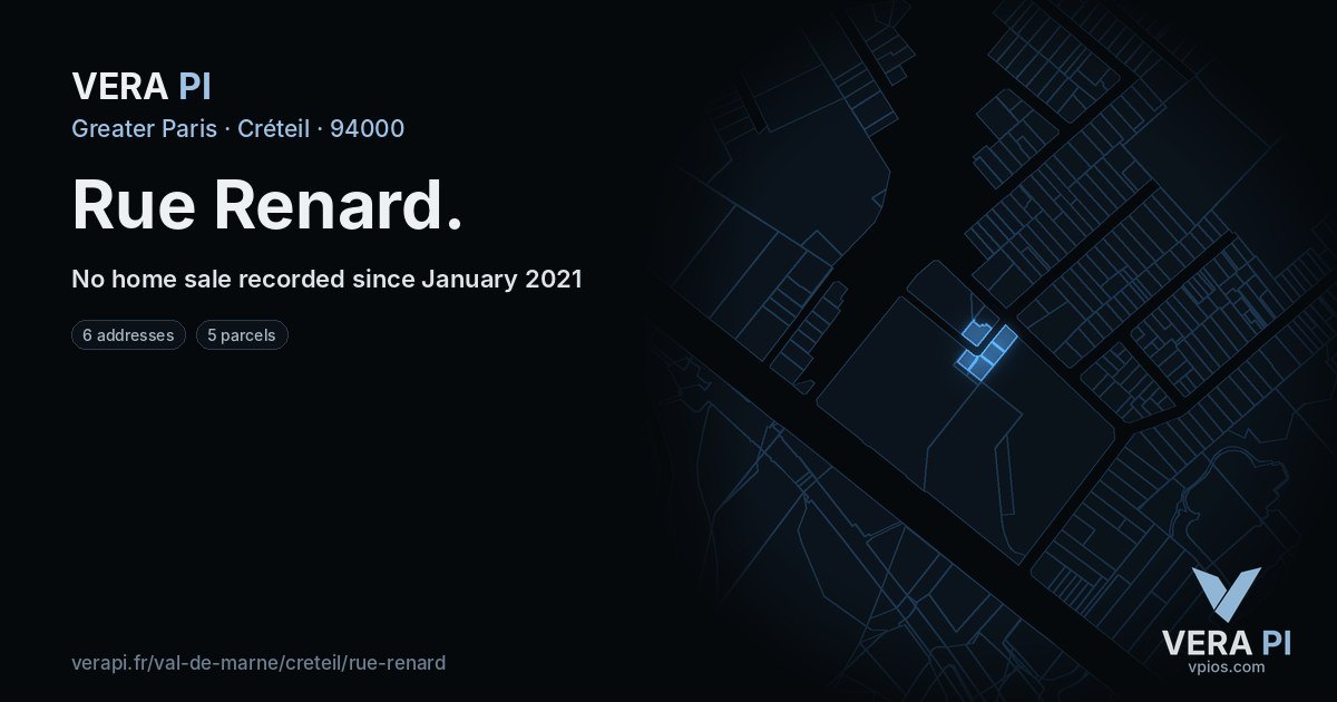 Rue Renard, Créteil at night – every parcel coloured by the prices around it, the street's own parcels lit