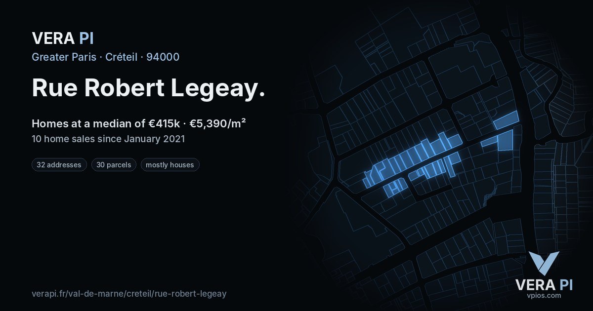 Rue Robert Legeay, Créteil at night – every parcel coloured by the prices around it, the street's own parcels lit