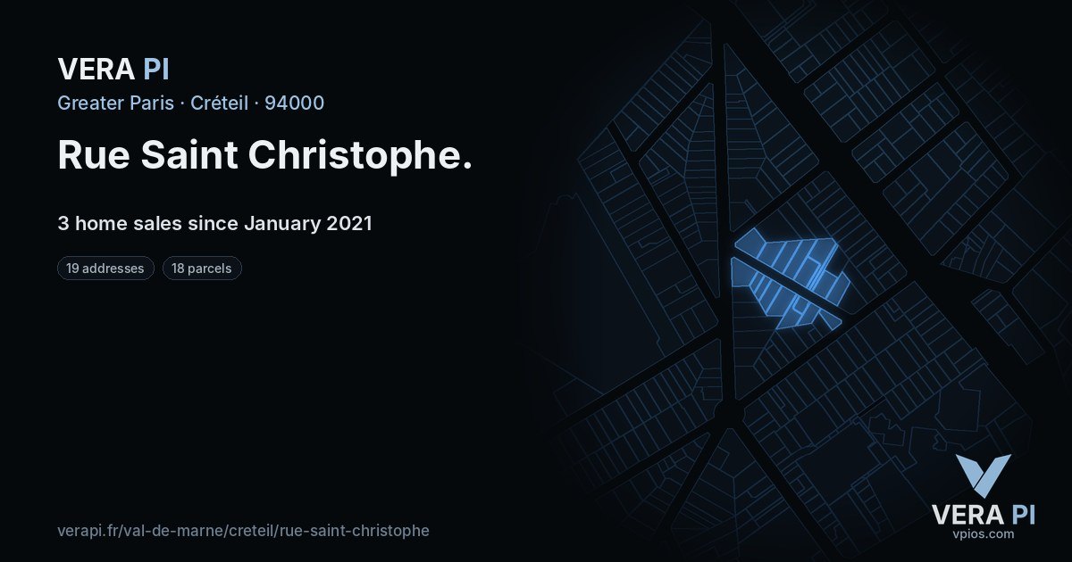 Rue Saint Christophe, Créteil at night – every parcel coloured by the prices around it, the street's own parcels lit