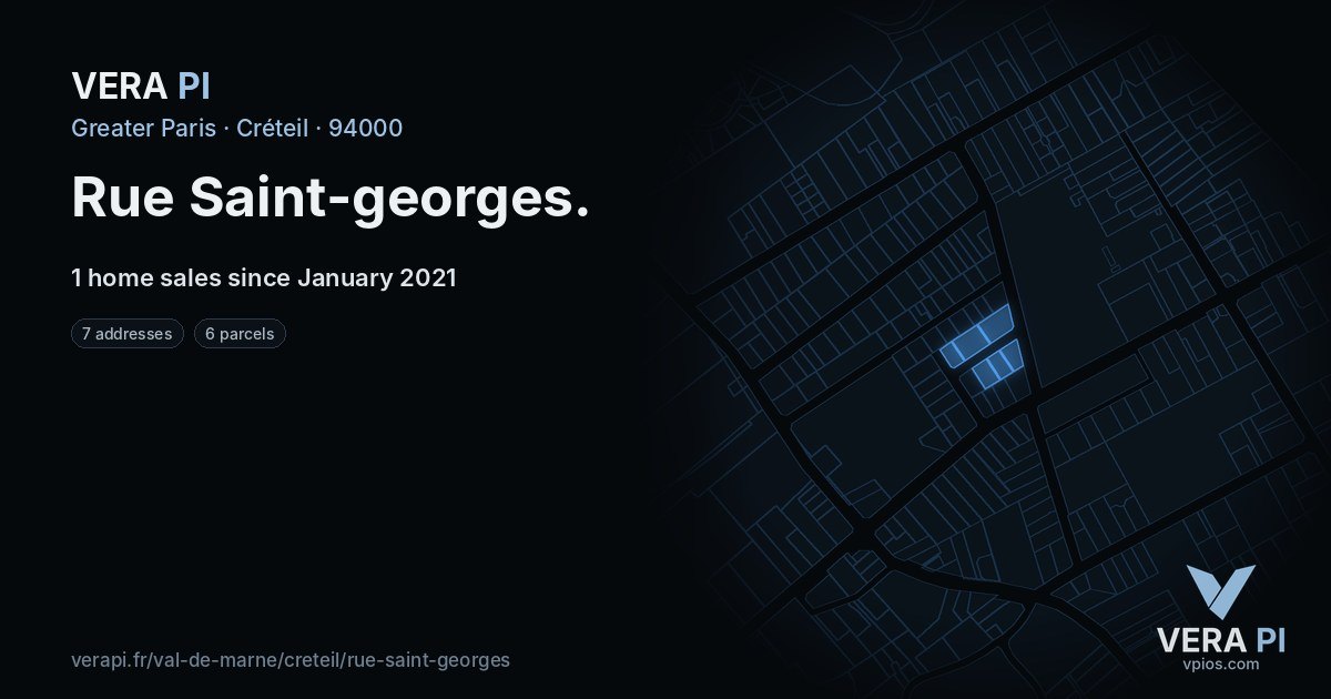 Rue Saint-georges, Créteil at night – every parcel coloured by the prices around it, the street's own parcels lit