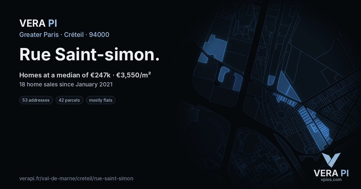 Rue Saint-simon, Créteil at night – every parcel coloured by the prices around it, the street's own parcels lit
