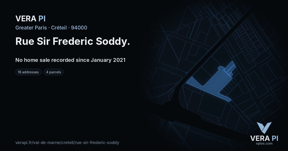Rue Sir Frederic Soddy, Créteil at night – every parcel coloured by the prices around it, the street's own parcels lit