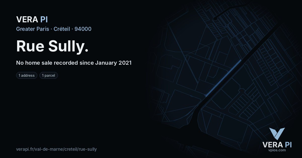 Rue Sully, Créteil at night – every parcel coloured by the prices around it, the street's own parcels lit