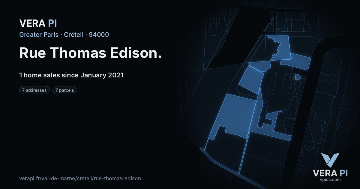 Rue Thomas Edison, Créteil at night – every parcel coloured by the prices around it, the street's own parcels lit