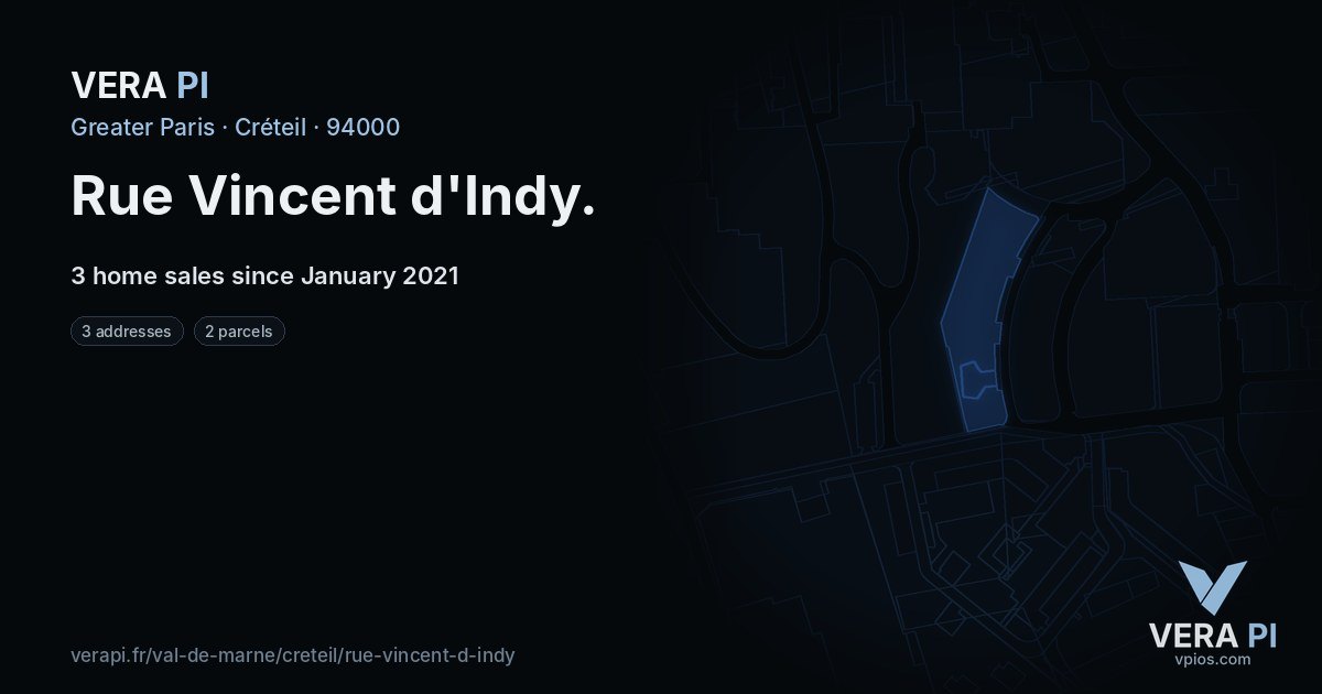 Rue Vincent d'Indy, Créteil at night – every parcel coloured by the prices around it, the street's own parcels lit