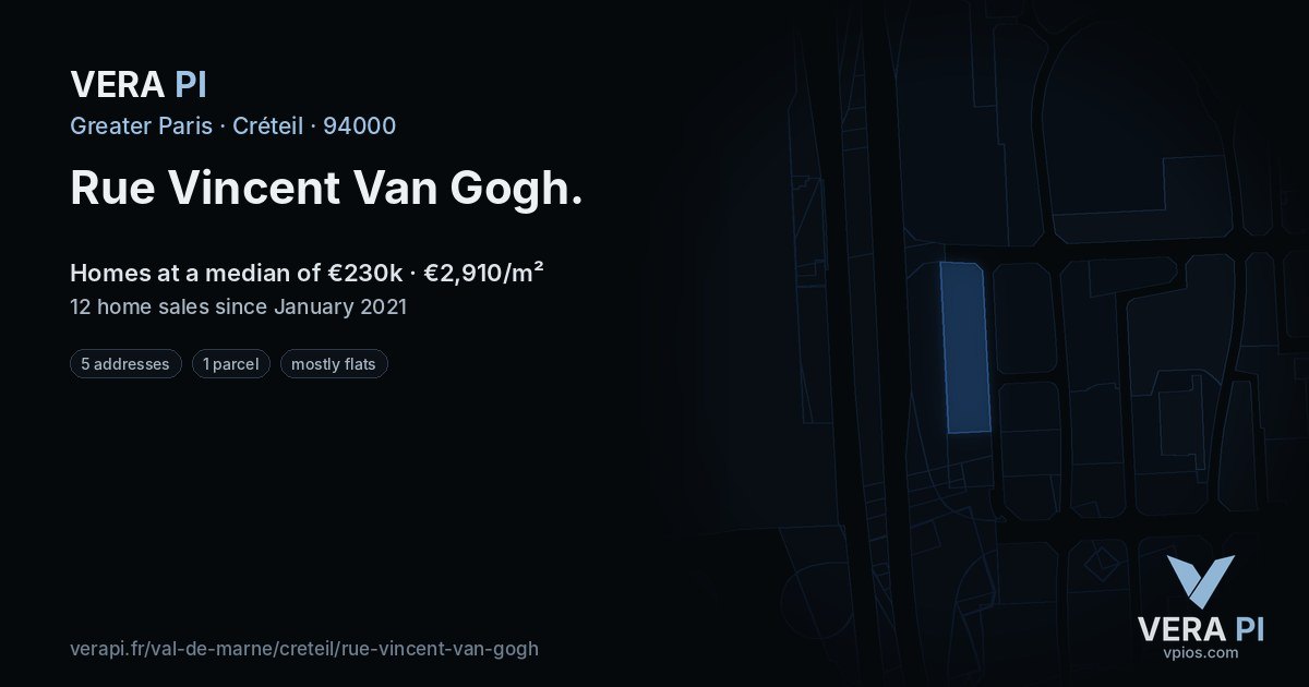 Rue Vincent Van Gogh, Créteil at night – every parcel coloured by the prices around it, the street's own parcels lit