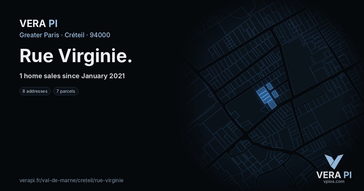 Rue Virginie, Créteil at night – every parcel coloured by the prices around it, the street's own parcels lit