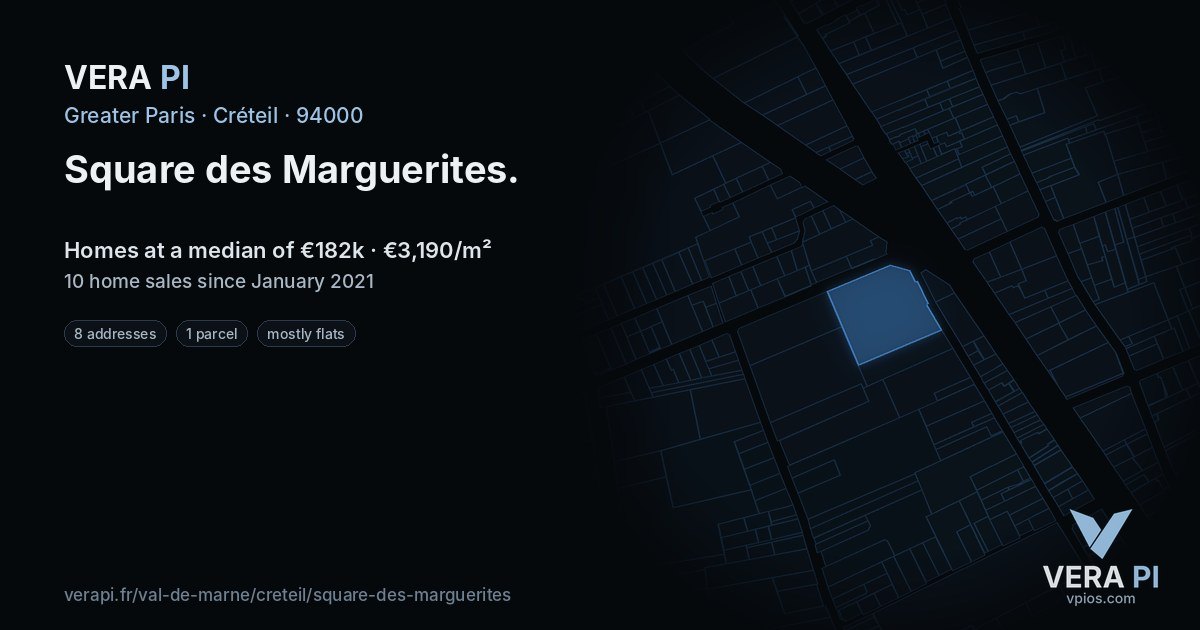 Square des Marguerites, Créteil at night – every parcel coloured by the prices around it, the street's own parcels lit