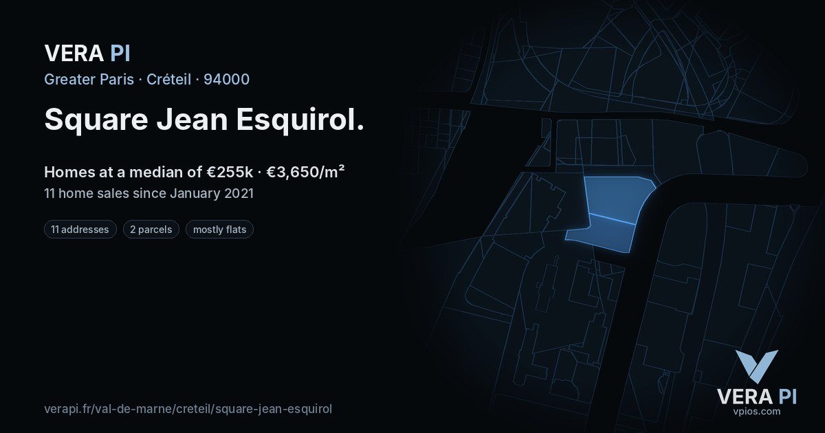 Square Jean Esquirol, Créteil at night – every parcel coloured by the prices around it, the street's own parcels lit