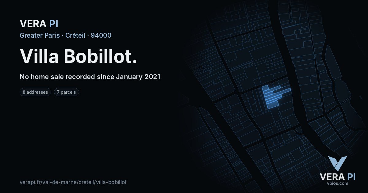 Villa Bobillot, Créteil at night – every parcel coloured by the prices around it, the street's own parcels lit