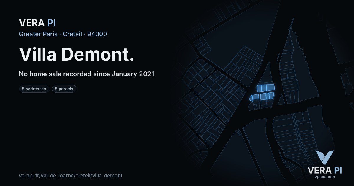 Villa Demont, Créteil at night – every parcel coloured by the prices around it, the street's own parcels lit