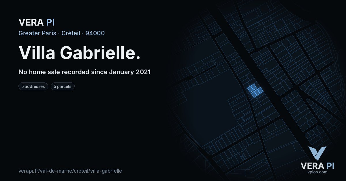 Villa Gabrielle, Créteil at night – every parcel coloured by the prices around it, the street's own parcels lit