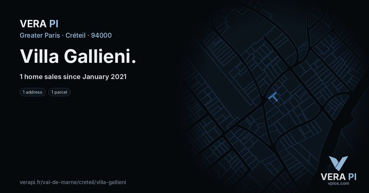 Villa Gallieni, Créteil at night – every parcel coloured by the prices around it, the street's own parcels lit