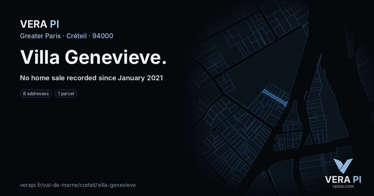 Villa Genevieve, Créteil at night – every parcel coloured by the prices around it, the street's own parcels lit