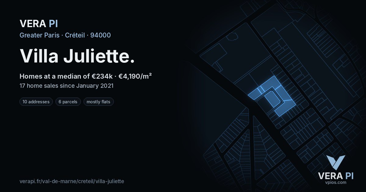 Villa Juliette, Créteil at night – every parcel coloured by the prices around it, the street's own parcels lit