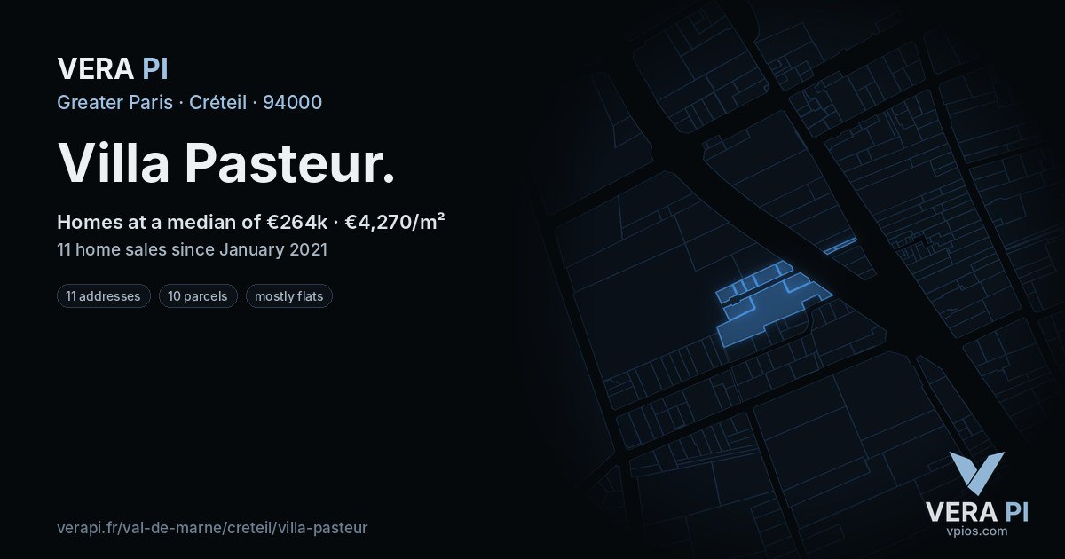 Villa Pasteur, Créteil at night – every parcel coloured by the prices around it, the street's own parcels lit