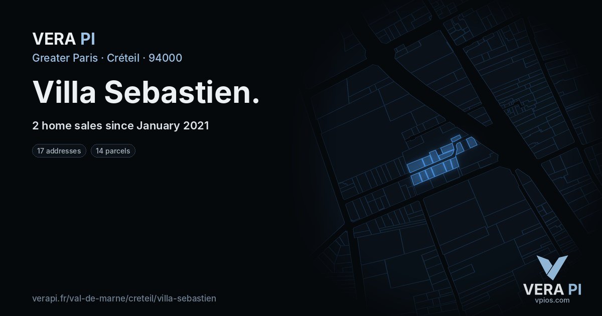 Villa Sebastien, Créteil at night – every parcel coloured by the prices around it, the street's own parcels lit