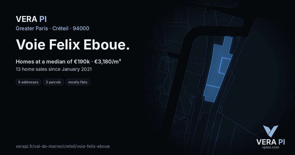Voie Felix Eboue, Créteil at night – every parcel coloured by the prices around it, the street's own parcels lit