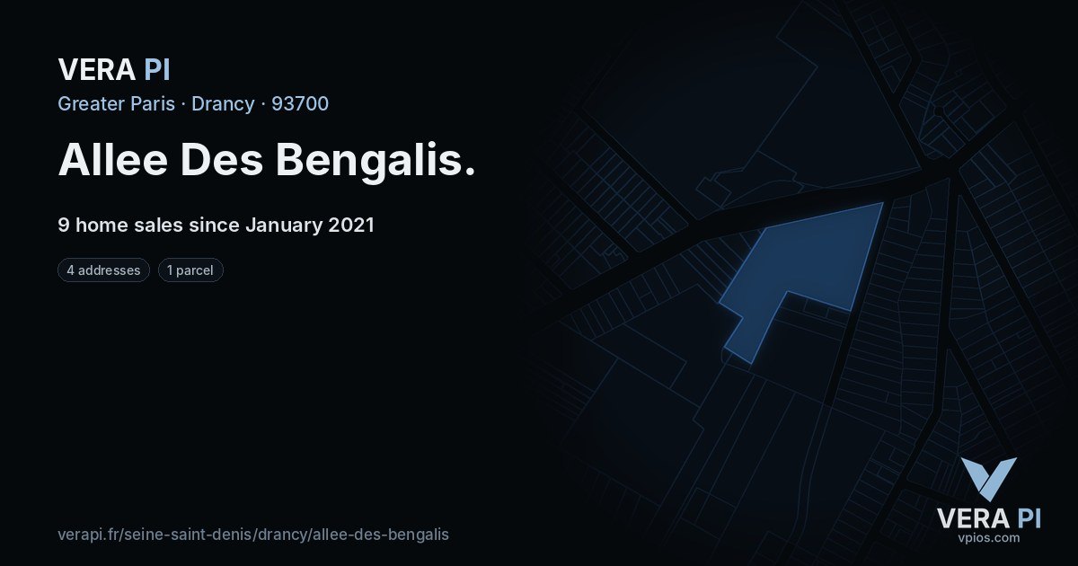 Allee Des Bengalis, Drancy at night – every parcel coloured by the prices around it, the street's own parcels lit