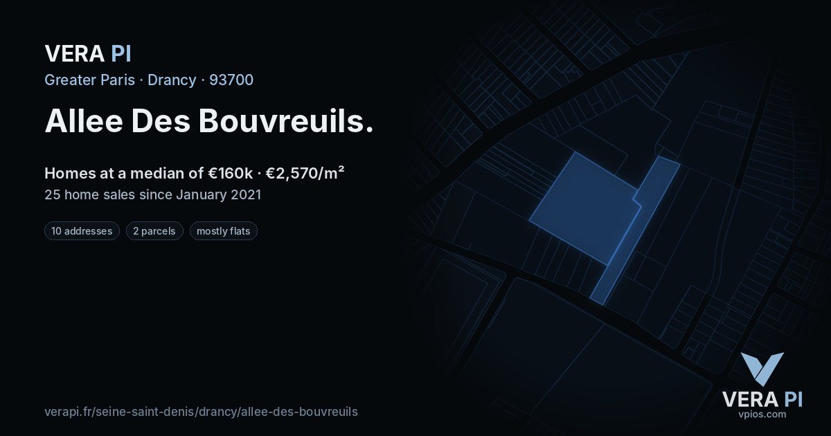 Allee Des Bouvreuils, Drancy at night – every parcel coloured by the prices around it, the street's own parcels lit