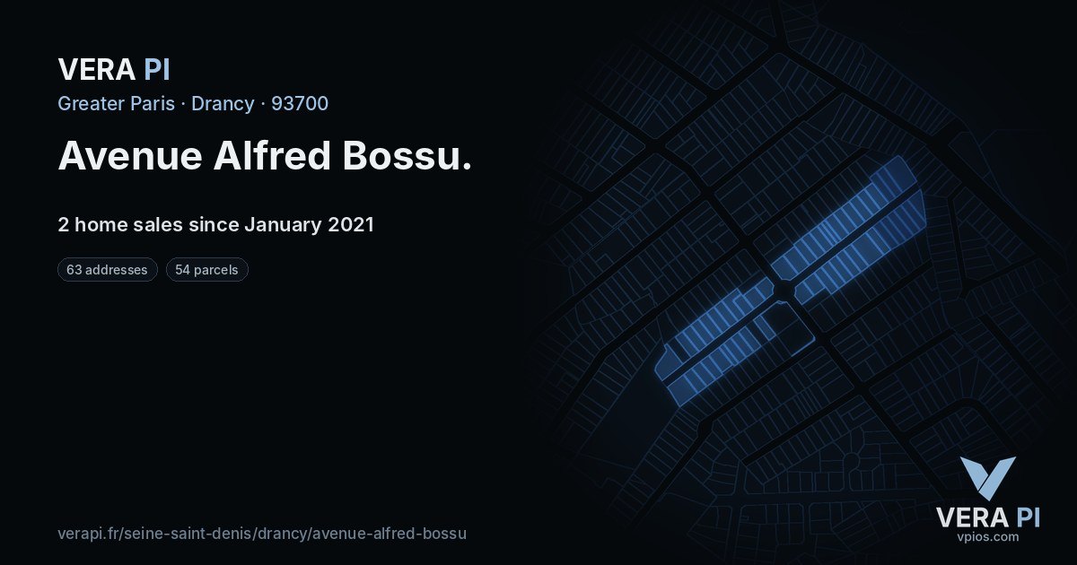 Avenue Alfred Bossu, Drancy at night – every parcel coloured by the prices around it, the street's own parcels lit