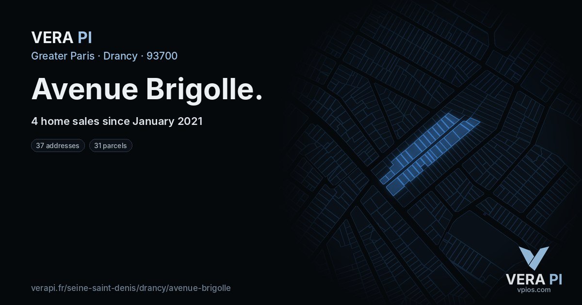 Avenue Brigolle, Drancy at night – every parcel coloured by the prices around it, the street's own parcels lit