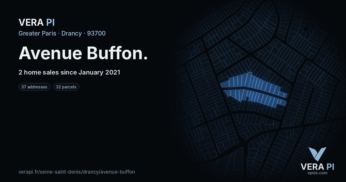 Avenue Buffon, Drancy at night – every parcel coloured by the prices around it, the street's own parcels lit